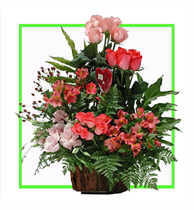 Red Gladiolus, Orange & Pink Roses Basket with Seasonal Fillers