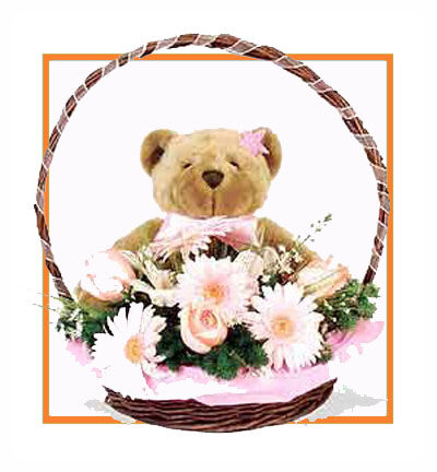 Pink Gerbera Basket with Soft Toy Gift