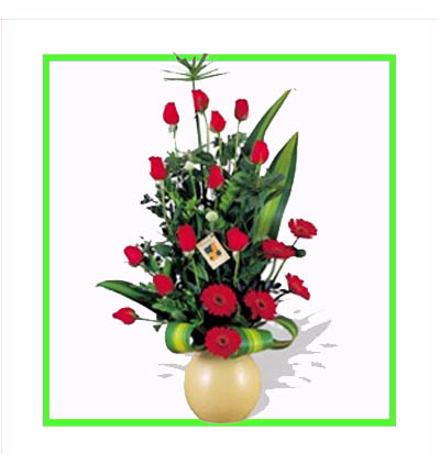 Red Roses & Gerbera Basket with Seasonal Fillers