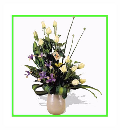 [B-10-YRG-1] 10 Yellow Roses and Blue Gladiolus Floral Basket